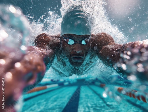 Determined swimmer in action, underwater view of a man swimming in a pool, symbolizing strength and endurance. Perfect for sports articles, fitness campaigns, and athletic training programs. photo