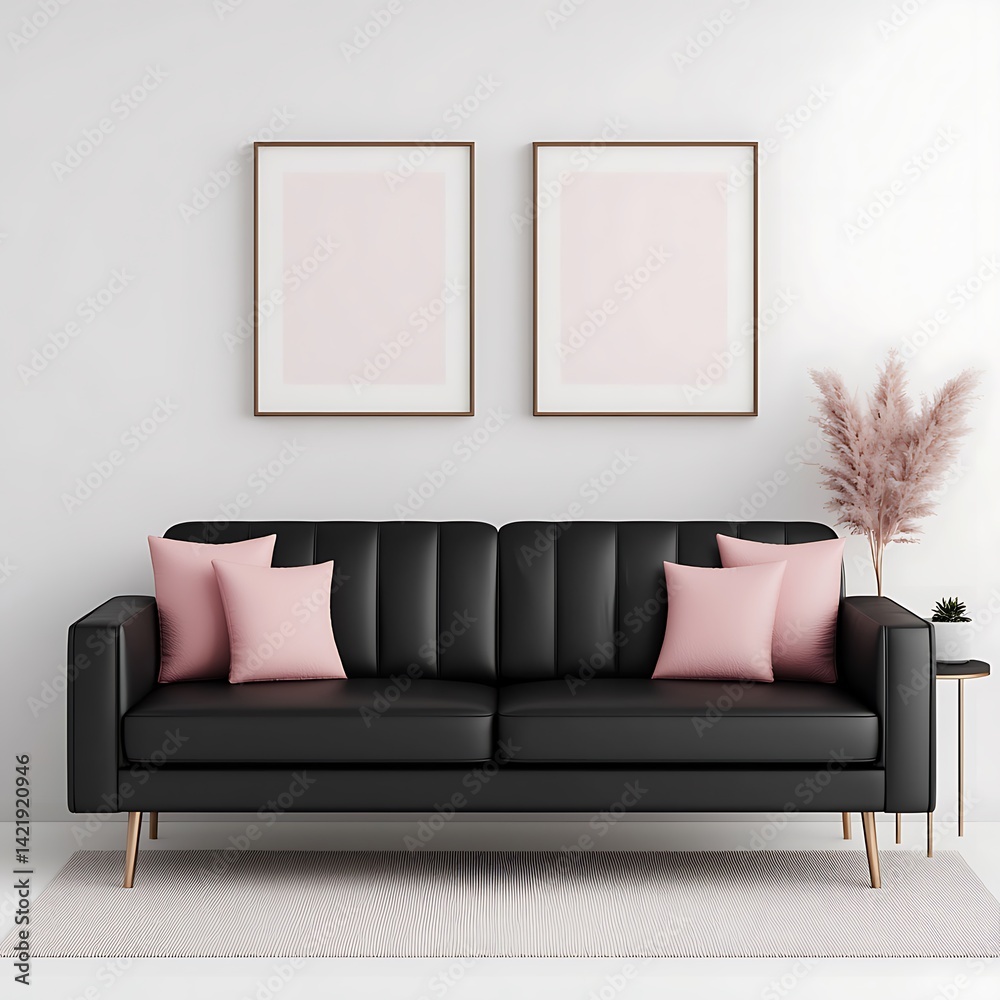 Modern Interior featuring a Black Sofa, Pink Pillows, Framed Artwork, and Minimalist Decor for Home Inspiration.