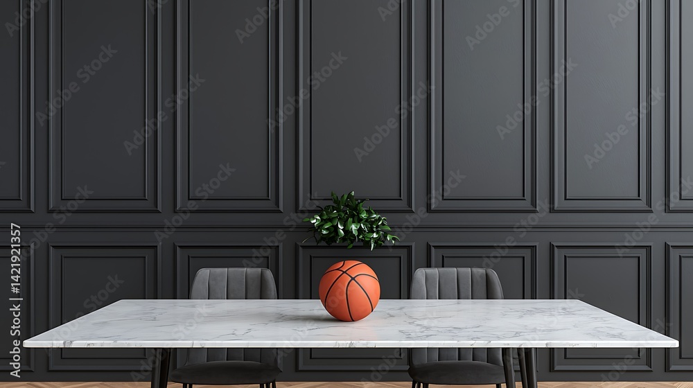 Modern Interior Featuring Orange Ball on Marble Table with Dark Wall and Minimalist Decor.