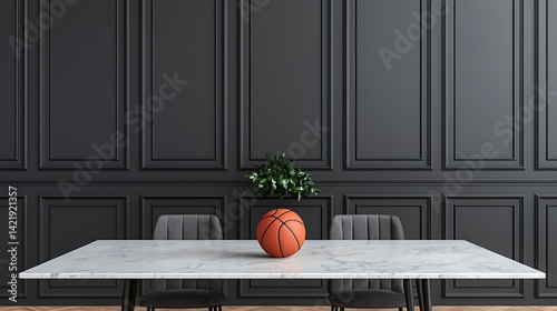 Obraz na płótnie Modern Interior Featuring Orange Ball on Marble Table with Dark Wall and Minimalist Decor. w salonie