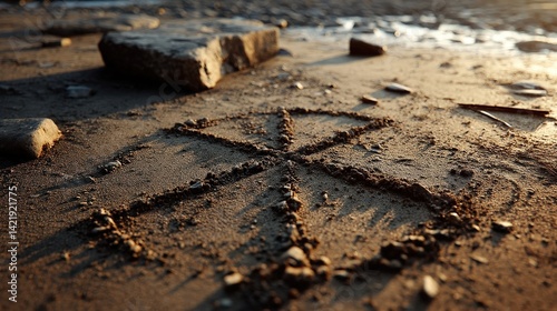 Drawing four directions symbol beach realistic photograph sunset ground level cultural representation