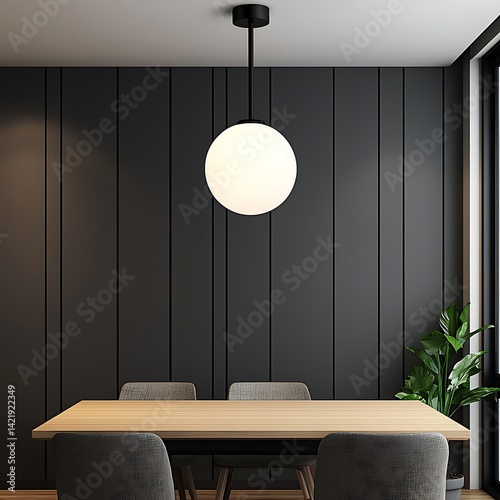 Modern Interior with Wooden Table, Pendant Light, and Gray Wall Panels, Featuring Chairs and Plant.