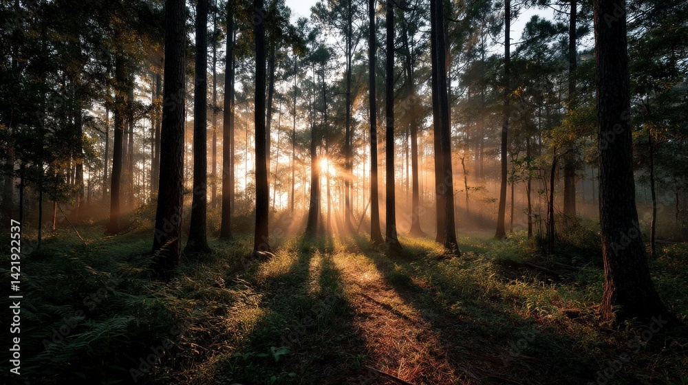 Fototapeta premium Sunrise illuminates forest trails serene woodland photograph nature horizon realistic