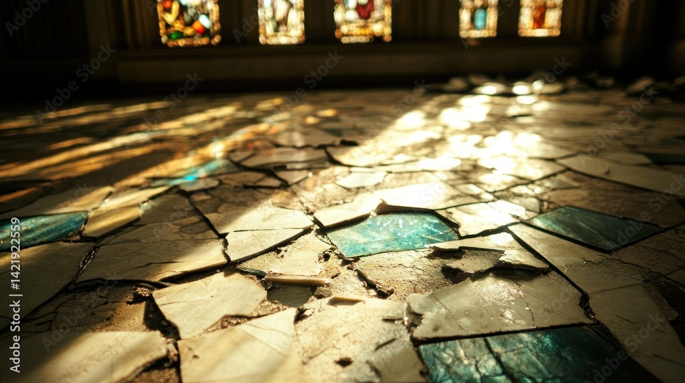Sunlit Ruins: A Crumbling Mosaic Floor Bathed in Golden Light