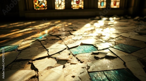 Obraz na płótnie Sunlit Ruins: A Crumbling Mosaic Floor Bathed in Golden Light w salonie