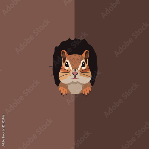 Chipmunk peeking from burrow hole against brown background with symmetrical lighting effect natural wildlife scene 