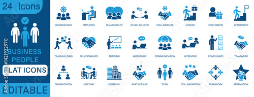 Flat business people icons set including teamwork, leadership, communication, collaboration, meeting, training, company, employee, stakeholder, organization, and motivation concepts.