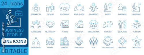 Line business people icons set with employee, teamwork, leadership, communication, company, organization, training, meeting, motivation, career, and stakeholder concepts.