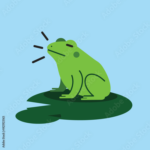 Green frog sitting on lily pad croaking with blue background in simple flat style illustration 