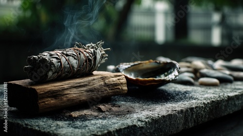 Cleansing ritual with smudge stick and abalone shell natural setting photograph peaceful environment close-up view spiritual concept