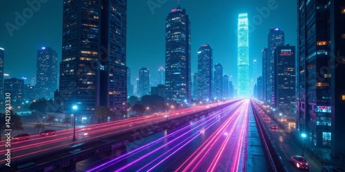 Night Metropolis Elevated View of Vibrant Cityscape with Dynamic Light Trails on a Wet Road