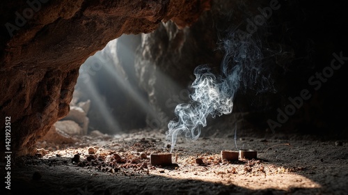 Incense smoke rising cave interior realistic photograph natural light close-up serenity and spirituality