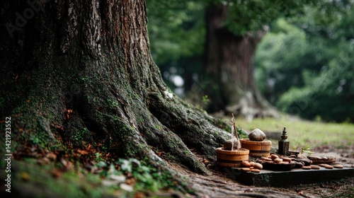 Spiritual offering ceremony serene forest realistic photograph tranquil environment ground level nature and culture