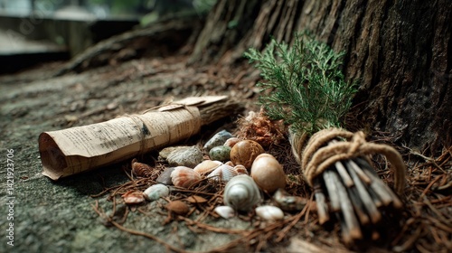 Spiritual offering ceremony forest photograph natural setting close-up cultural significance