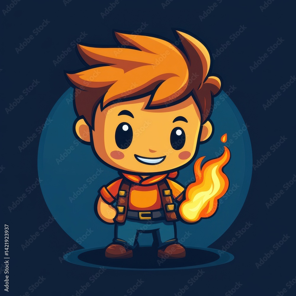 Cartoon character with fiery powers standing confidently against a dark background Cartoon character with fiery powers standing confidently against a dark background