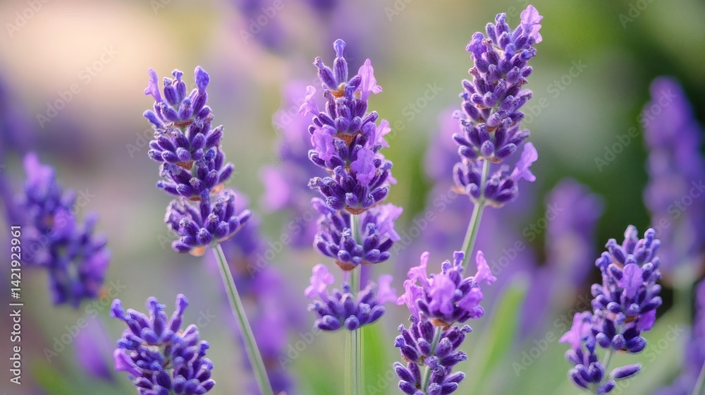 Obraz premium Lavender flowers bloom in garden, sunlight, nature background; aromatherapy, relaxation