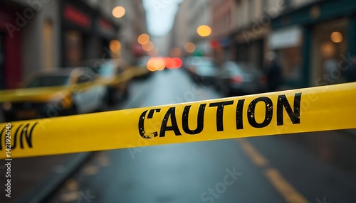 Yellow and black caution tape across a blurred background where crime happened, Danger Alert Sign With Caution Tape and Warning Message, created with generative ai