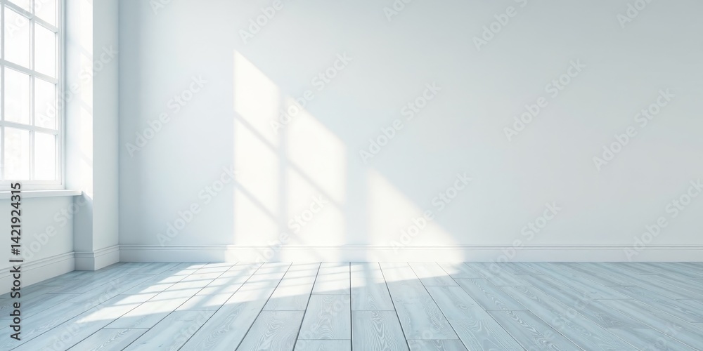 Fototapeta premium Empty Room with Sunlight Streaming Through Window and Light Blue Wooden Floor