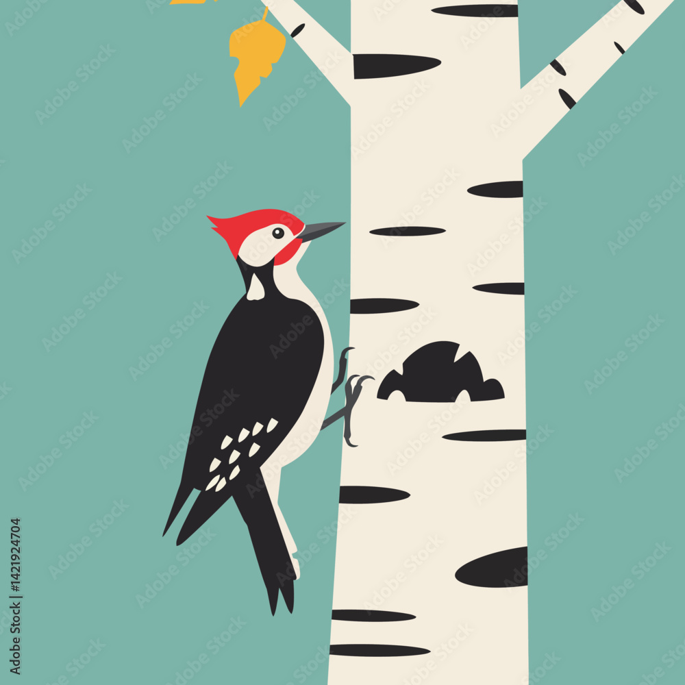 Fototapeta premium Woodpecker perched on birch tree trunk with autumn leaf and teal background digital illustration 