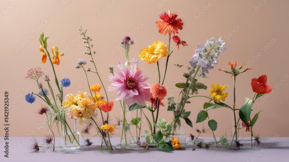 Botanical poster-style composition of seasonal flowers and plants, arranged in minimalist layout