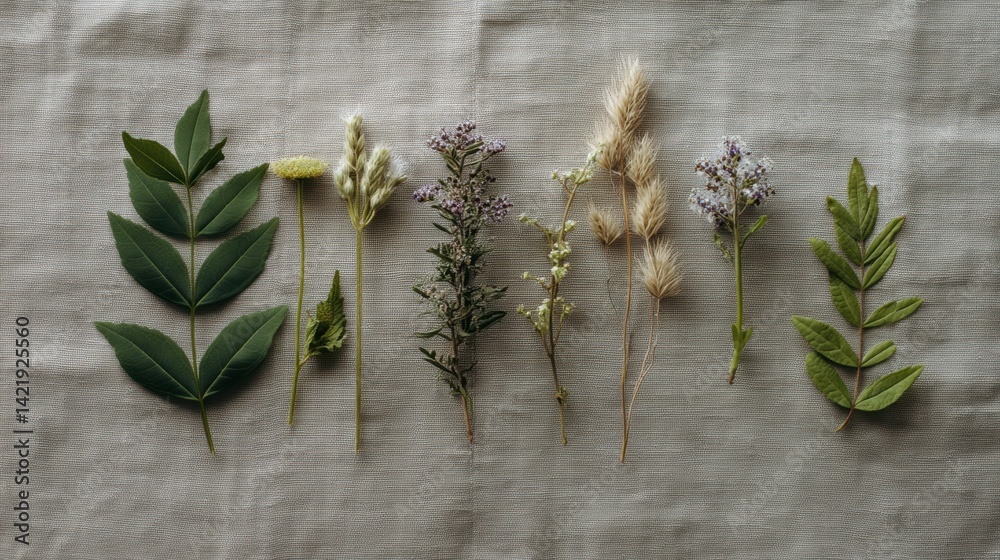 Flat lay of wild medicinal herbs and floral elements on natural linen background, top view, botanical calm