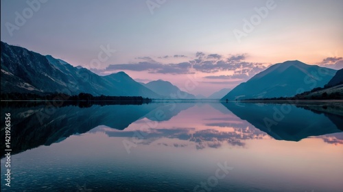 Serene lake at twilight reflecting distant mountains and soft pastel sky, perfect mirror effect