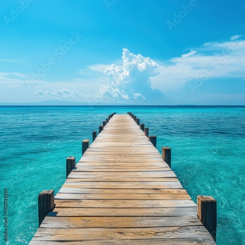 Serene wooden pier stretching into a crystal-clear turquoise sea under a bright blue sky