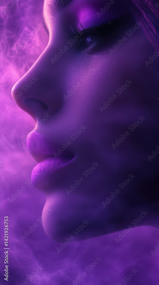 Profile portrait of a person with purple lighting and smoke effect that creates a captivating mood Profile portrait of a person with purple lighting and smoke effect that creates a captivating mood