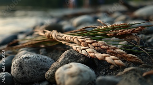 Braided sweetgrass display riverbank realistic photograph natural environment close-up view cultural heritage