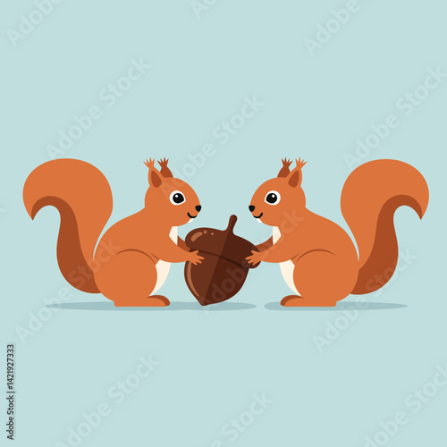 Two playful squirrels sharing a large acorn on light blue background in cute cartoon style 