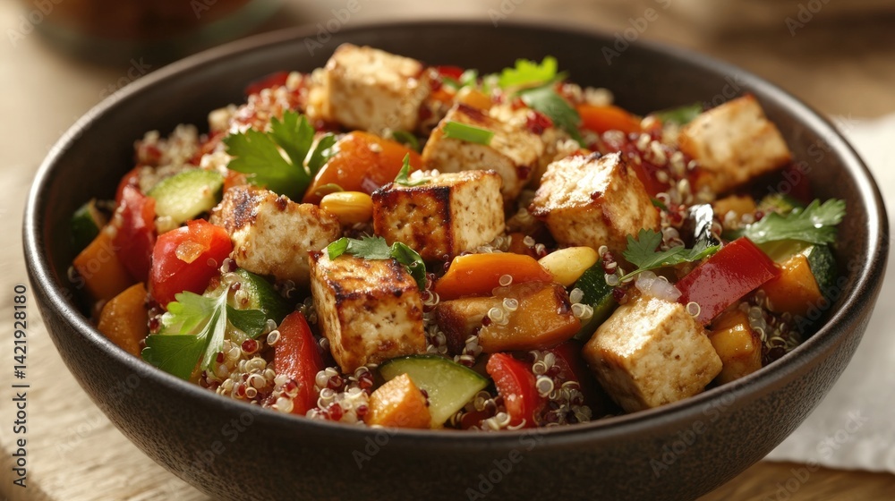Delicious healthy bowl of food with tofu and vegetables Delicious healthy bowl of food with tofu and vegetables