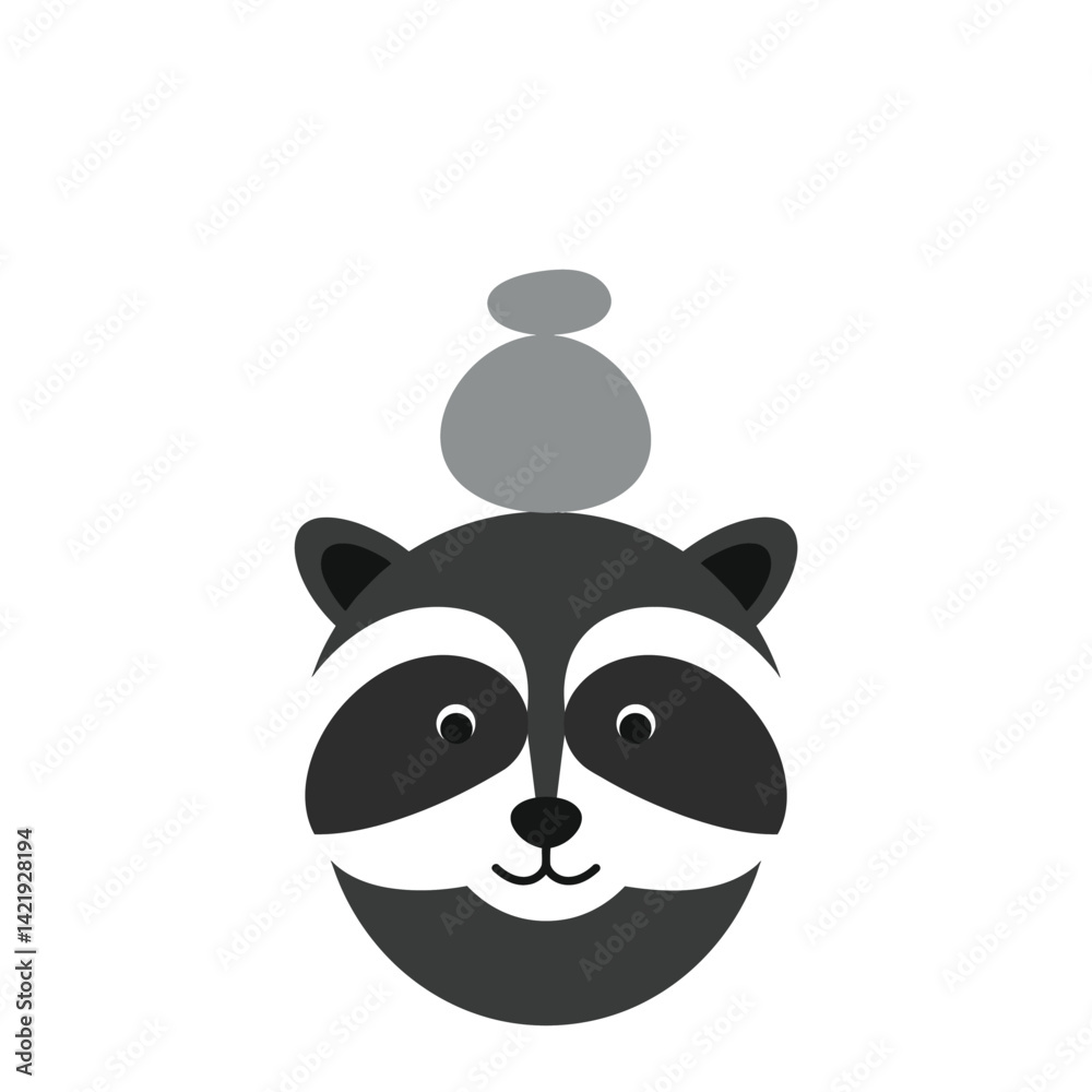 Fototapeta premium Simple graphic illustration of a raccoon face with balanced stones in minimalist style