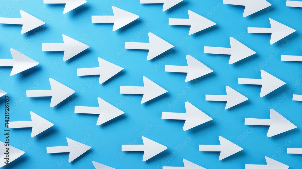 Numerous white paper arrows pointing in the same direction on a light blue background. Clean, simple design.