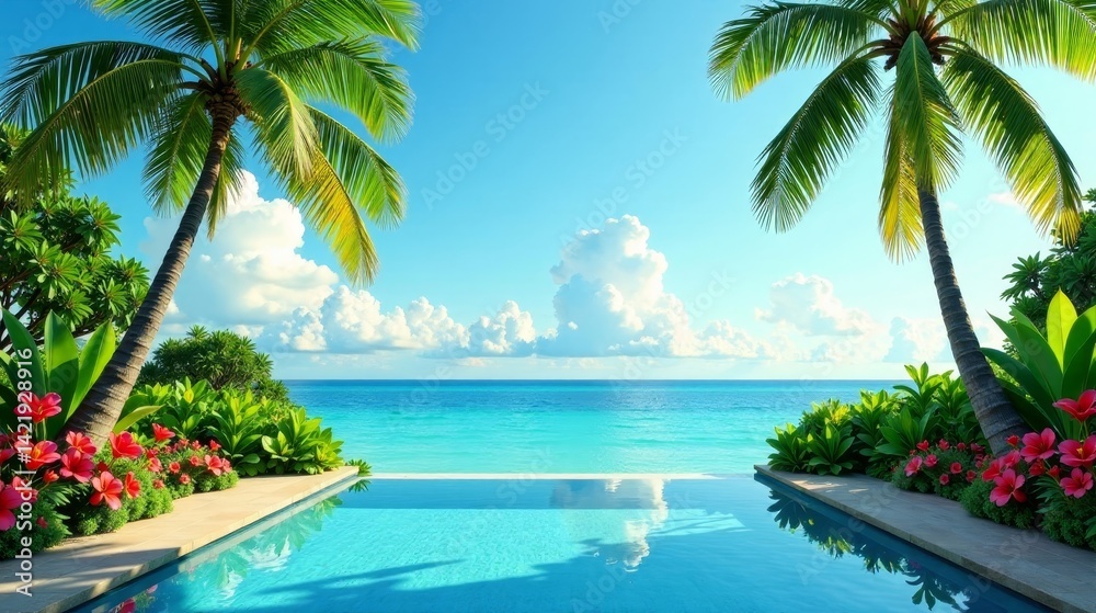 Fototapeta premium Tranquil Oceanside Pool Escape Lush Tropical Paradise with Vibrant Blooms and Serene Azure Waters