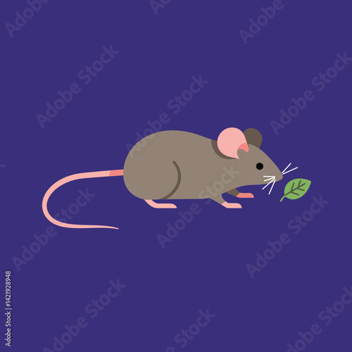 Brown mouse holding green leaf on dark blue background simple vector illustration natural animal design 