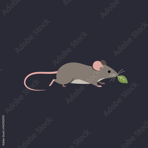 Small brown mouse carrying green leaf on dark background simple vector illustration 