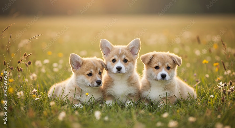 Three puppies in a grassy field Three puppies in a grassy field