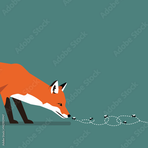 Red fox sniffing curious flies on teal background minimal vector art illustration 