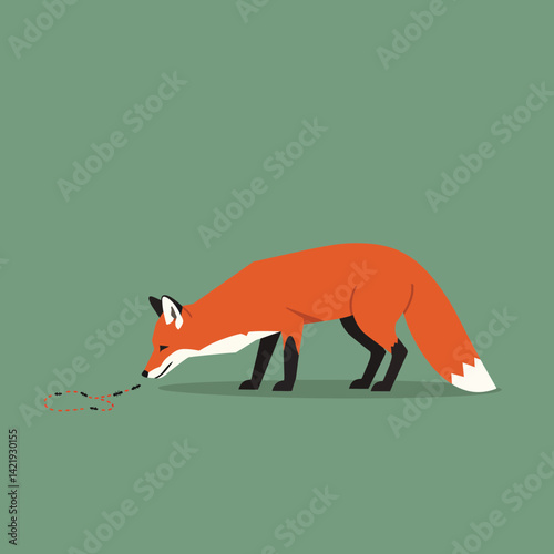 Red fox with white tail tip sniffing ground on green background minimalistic animal illustration 