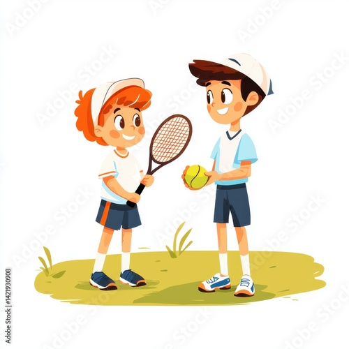 Playful Tennis Duo Young Boys Enjoying Friendly Game Under Sunny Sky on Grassy Field together