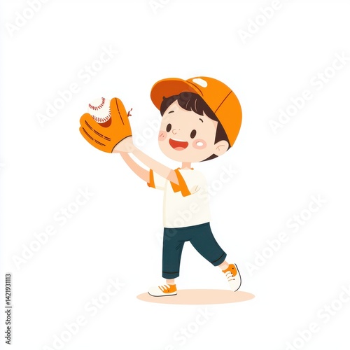 Young Boy with Baseball Glove Catching the Ball on Sunny Day Happy Kid Playing Baseball Sport