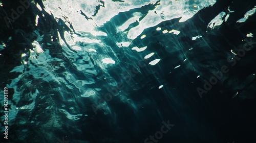 Darkened room with water flowing over rocks creating a surreal and dreamlike atmosphere filled with ambient light and mystery