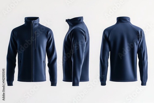 Three views of a zipped navy blue jacket item isolated on whit background