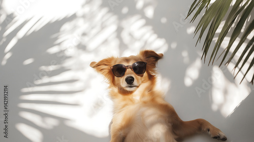 Cool dog wearing sunglasses lying on sand on white background, summer concept photo