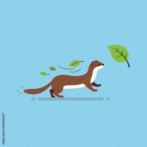 Brown weasel running with green leaves blowing in light blue background natural wildlife illustration 