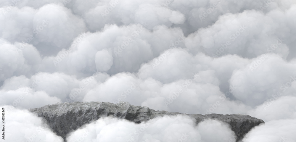 Surreal 3D render stone podium amid white clouds