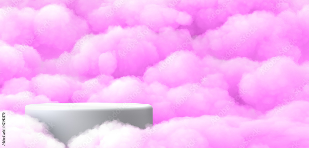 Surreal 3D render white podium amid pink clouds In left side of screen
