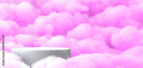 Obraz na płótnie Surreal 3D render white podium amid pink clouds In left side of screen w salonie