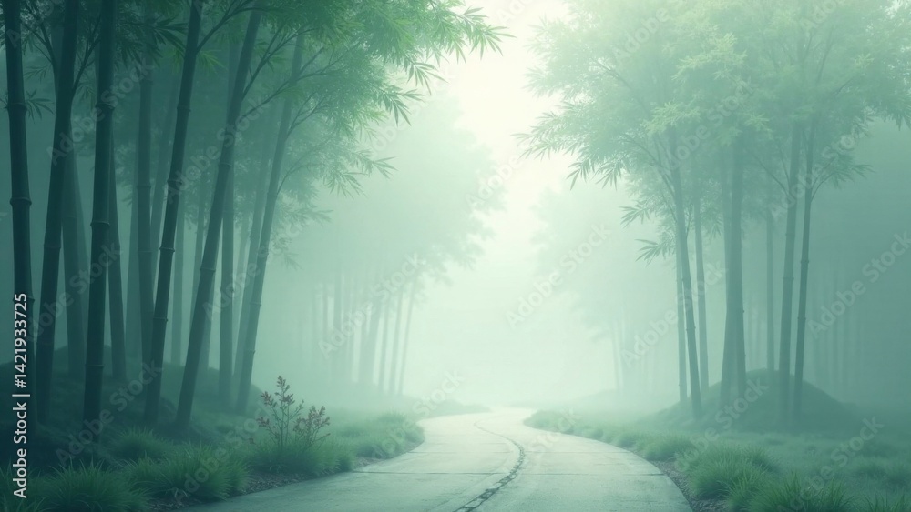 Fototapeta premium Serene Pathway Winding Through a Misty Bamboo Forest, a Path of Tranquility and Mystery