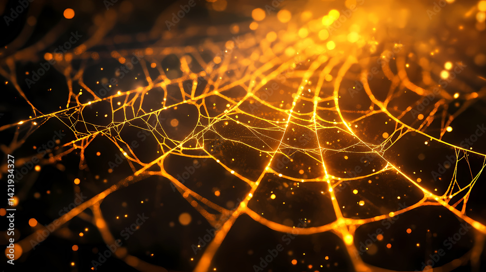 Ethereal golden spiderweb weave with delicate illuminations for elegant design. Luminous Weft. Illustration